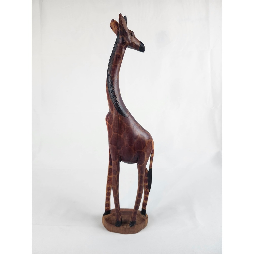 17" Signed Hand Carved Wooden Giraffe Figurine African Safari Wood‎ Sculpture